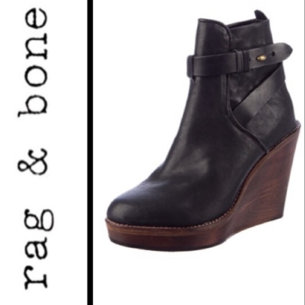 RAG & BONE Black Leather “Emery” Wooden Wedge Platform Booties! Size 7